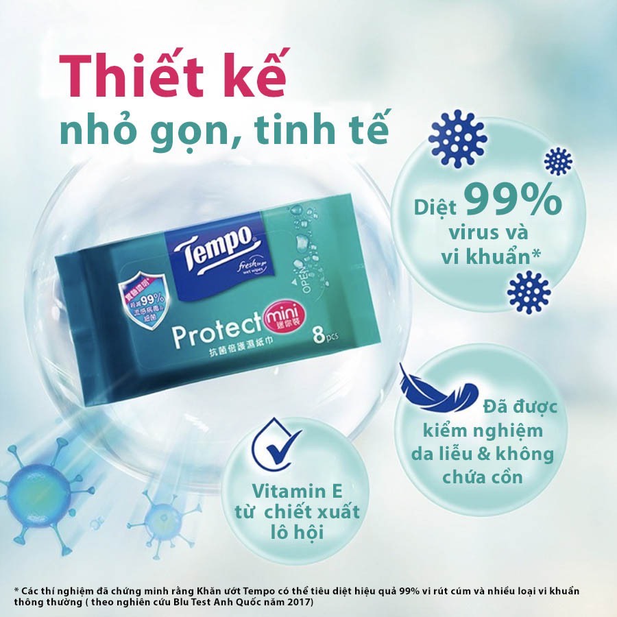 [MUA 3 LỐC TẶNG 2 GÓI KHĂN ƯỚT PROTECT] Khăn Uớt Mini Tempo Protect Ngăn Ngừa Vi Khuẩn cao cấp - Diệt khuẩn 99% - Thương hiệu Đức
