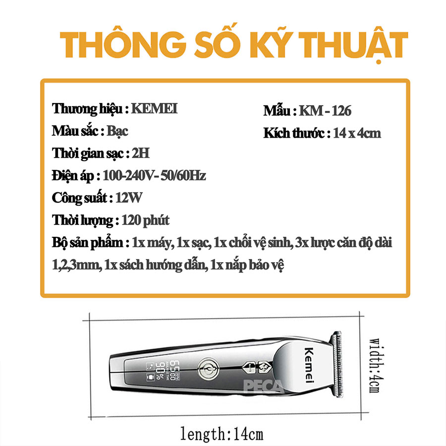 Tông đơ chấn viền cao cấp Kemei KM-126 pin trâu sạc nhanh có màn hình Led hiển thị điều chỉnh 3 mức tốc độ dùng cạo trắng, cạo đầu, fade tóc