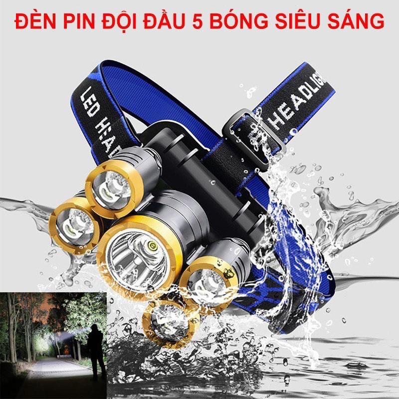 Đèn pin đội đầu, đeo trán 5 bóng siêu sáng sạc pin