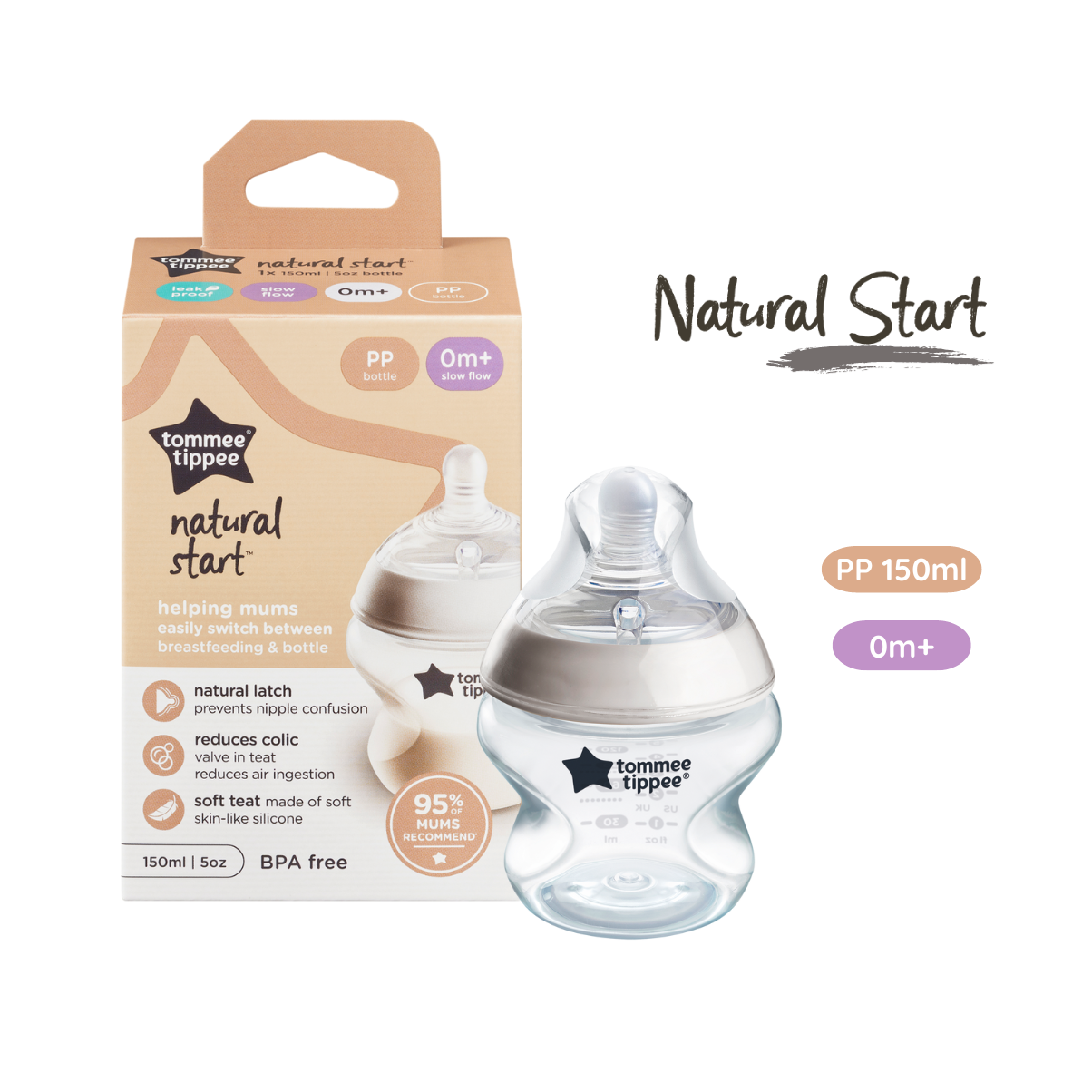 COMBO Ty Ngậm Dạ Quang Tommee Tippee Night Time 0-6m & Bình Sữa Ty Siêu Mềm Tự Nhiên Tommee Tippee Natural Start 150ml