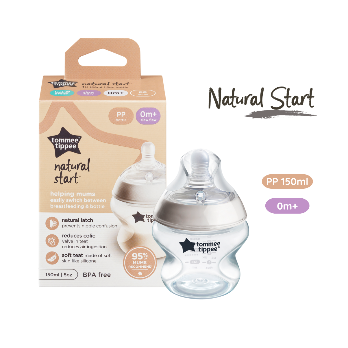 Bình sữa ty siêu mềm tự nhiên Tommee Tippee Natural Start 150ml, núm ty đi kèm 0-3 tháng