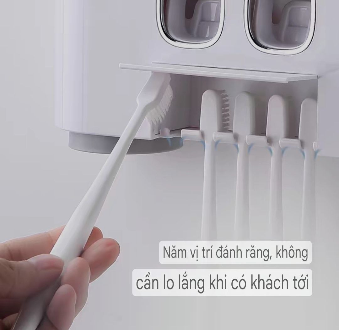 Hộp kệ đựng bàn chải kem đánh răng kèm 4 cốc 2 cửa nhả kem đánh răng thông minh dán tường vô cùng chắc chắn không cần khoan tường hay dùng ốc vít E-1802