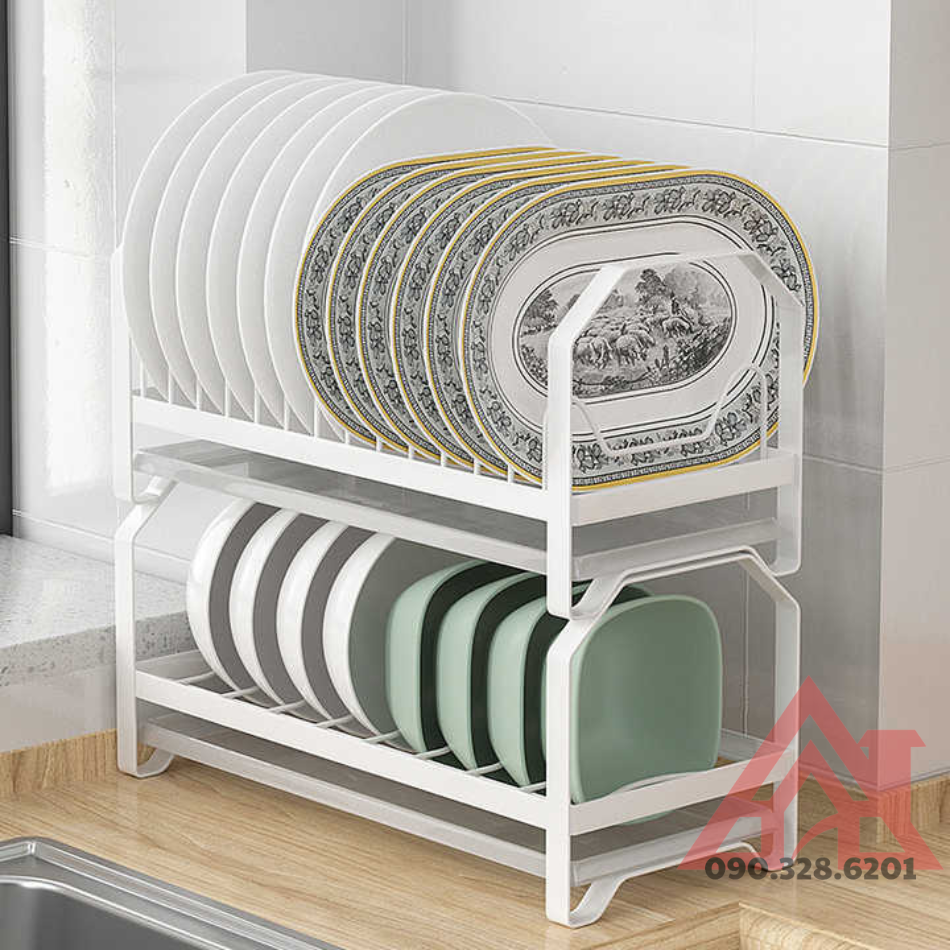 Kệ Để Chén Bát Đĩa Thép Carbon, Giá Úp Bát Đĩa Thớt 2 Tầng Có Khay Hứng Nước Đa Năng Tặng Kèm