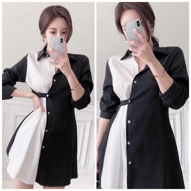 Đầm váy sơ mi đen phối trắng gài nút