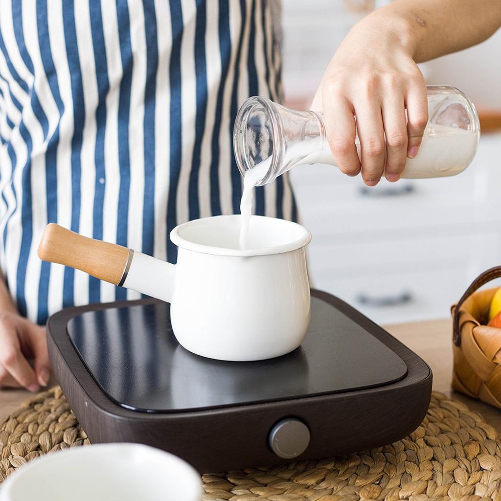 550ml Small Enamel Milk Cooking Sauce Pan Pot Wooden Handle Cookware White