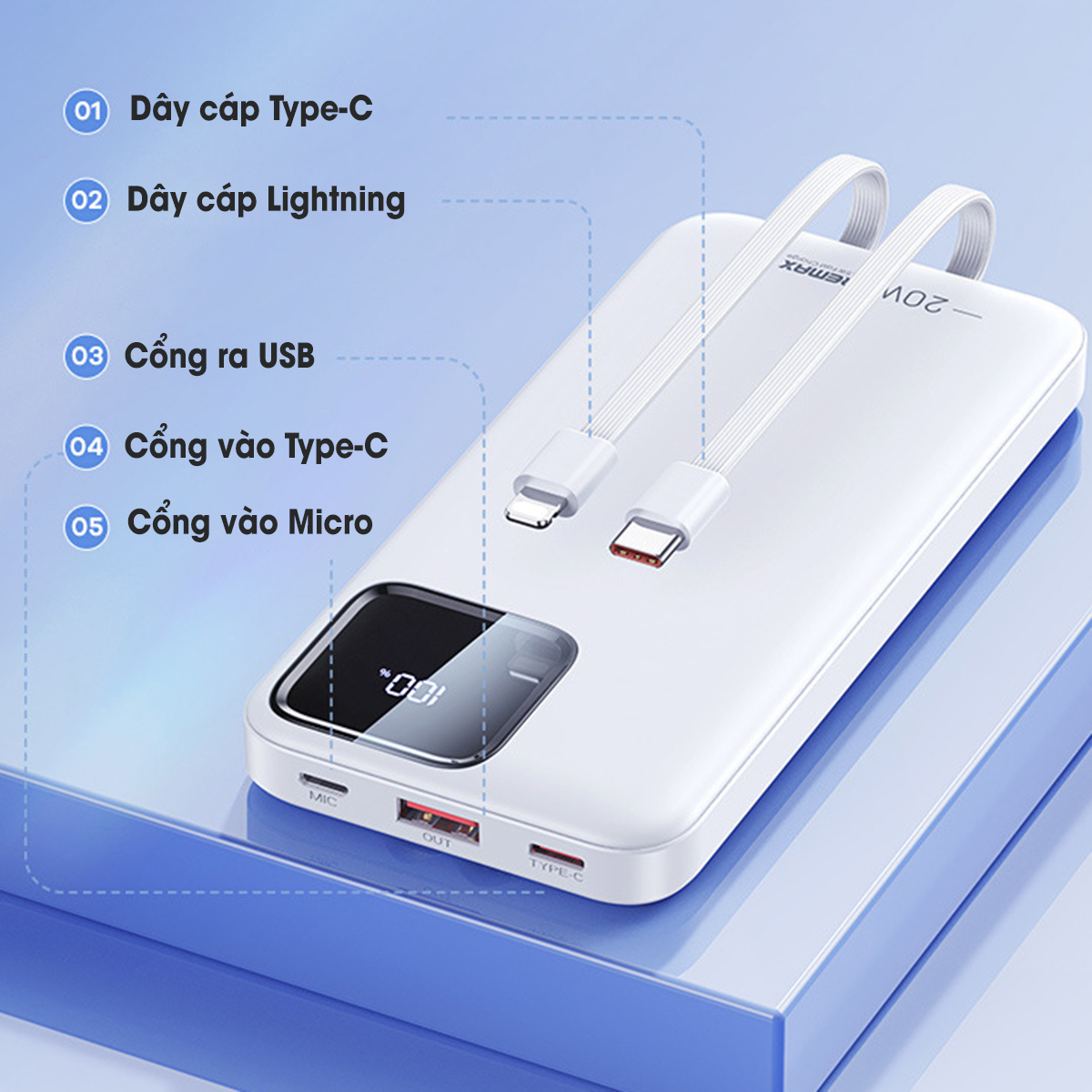 Pin dự phòng 10000mAh 22.5W Remax RPP-500 Tích hợp 2 cáp sạc nhanh Type C và Lighning Hàng Chính Hãng Remax Bảo Hành 1 Đổi 1 Trong 12 Tháng