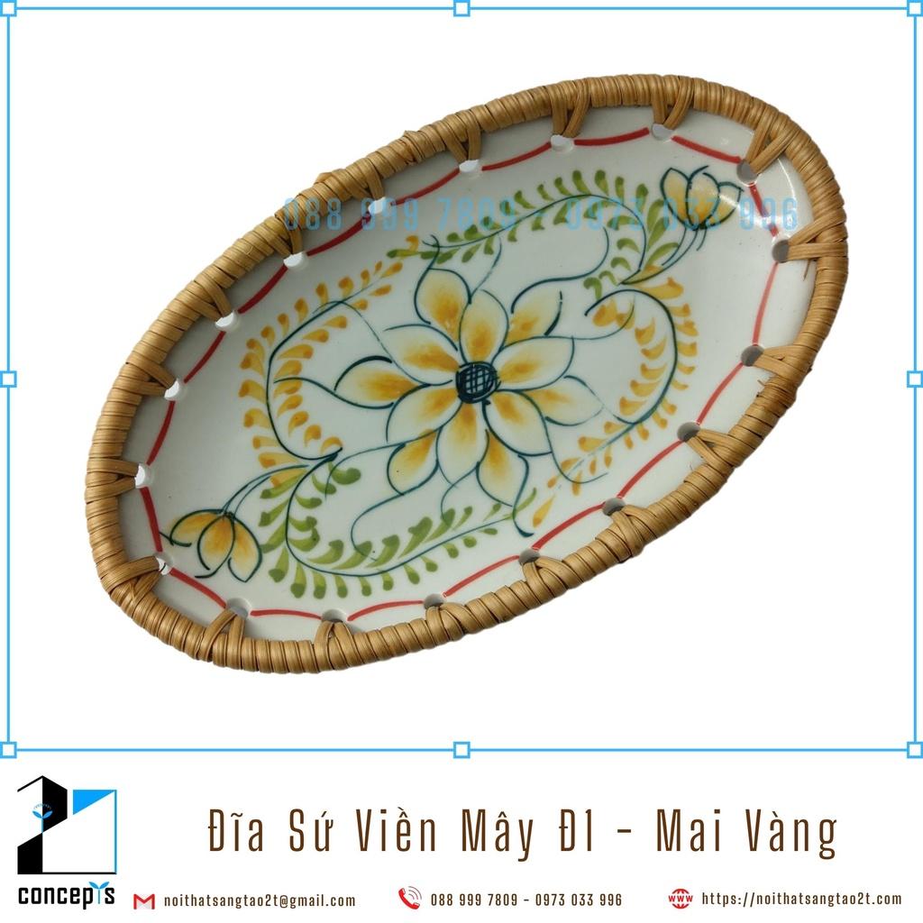 Đĩa Sứ Viền Mây Tre Đan Trang Trí Decor Bàn Ăn Hàng Xuất Khẩu
