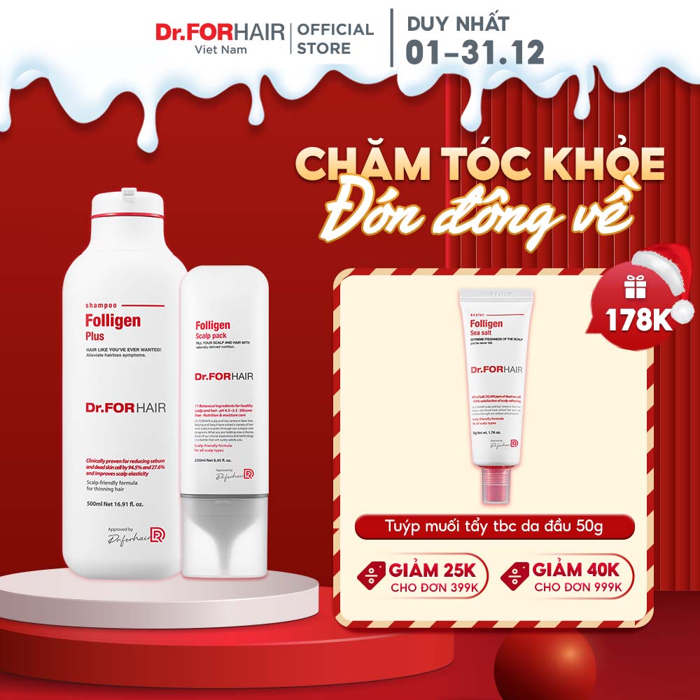 Bộ gội xả giảm rụng tóc chăm sóc tóc chắc khỏe Dr.FORHAIR Folligen Plus 500ml và Scalp Pack 250ml