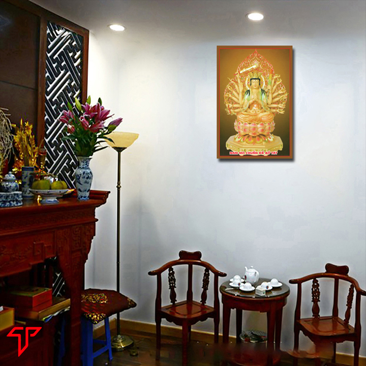 Tranh treo tường trang trí nhà cửa mẫu Phật nghìn mắt nghìn tay, cán gỗ MDF cao cấp, Tranh Phật Giáo Chuẩn Đề Bồ Tát 0103