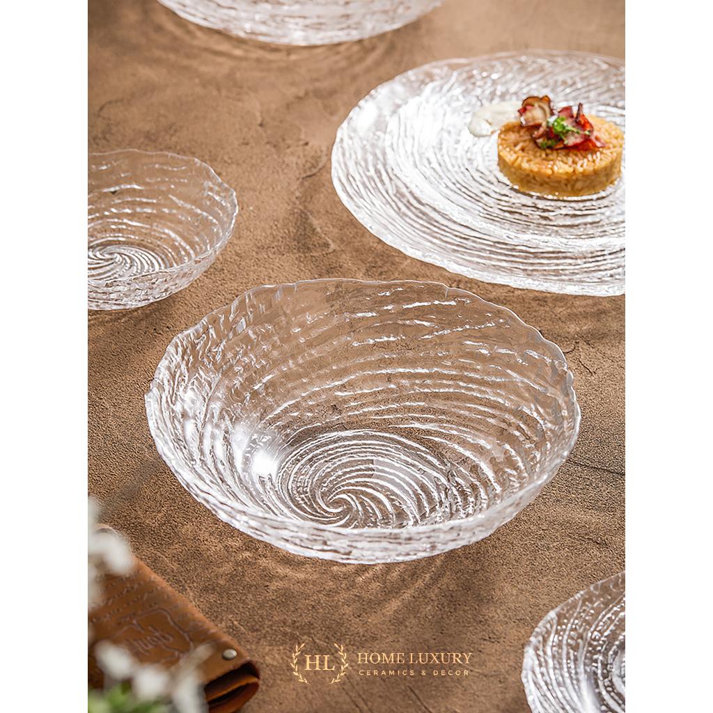 Bát đĩa vân nham thạch | Tô dĩa thủy tinh Borosilicate vân xoáy Decor chịu nhiệt họa tiết đá dùng trong lò vi sóng