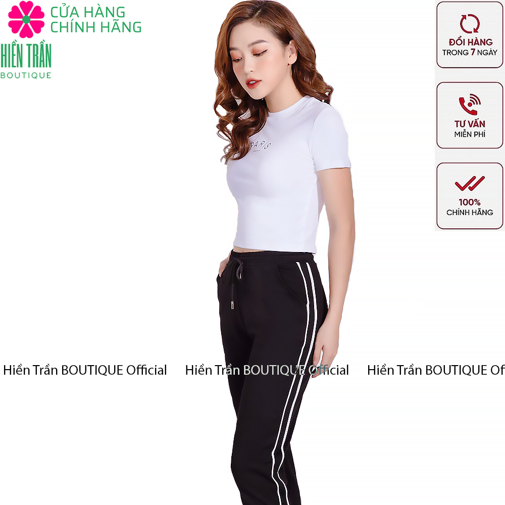 Quần jogger nữ Hiền Trần BOUTIQUE dáng dài cạp chun dây buộc, kiểu sọc nhí 2 bên