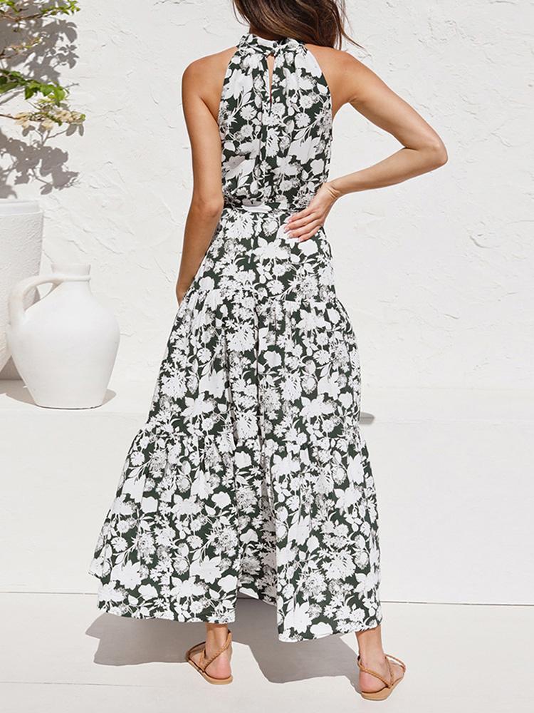 Women Sleeveless Dress Halter Neck Ruffle Hem Long Dress Empire Waist Bow Polka Dots Floral Elegant Casual A-Shaped