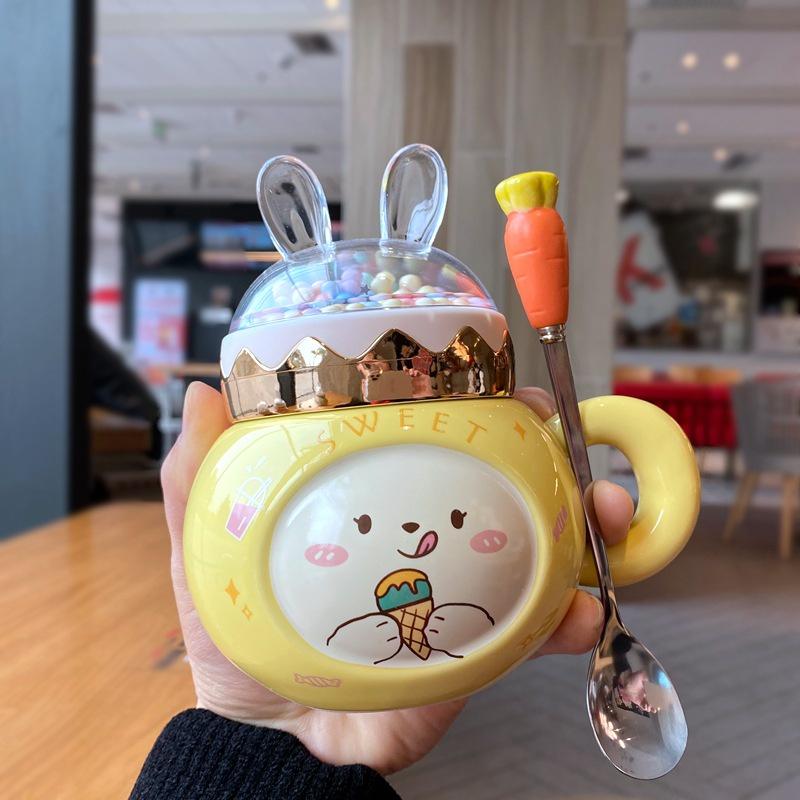 Cốc Sứ Thỏ Xinh Xắn Decor Văn Phòng, Cặp Đôi, Trẻ Em Có Nắp Và Thìa Cute