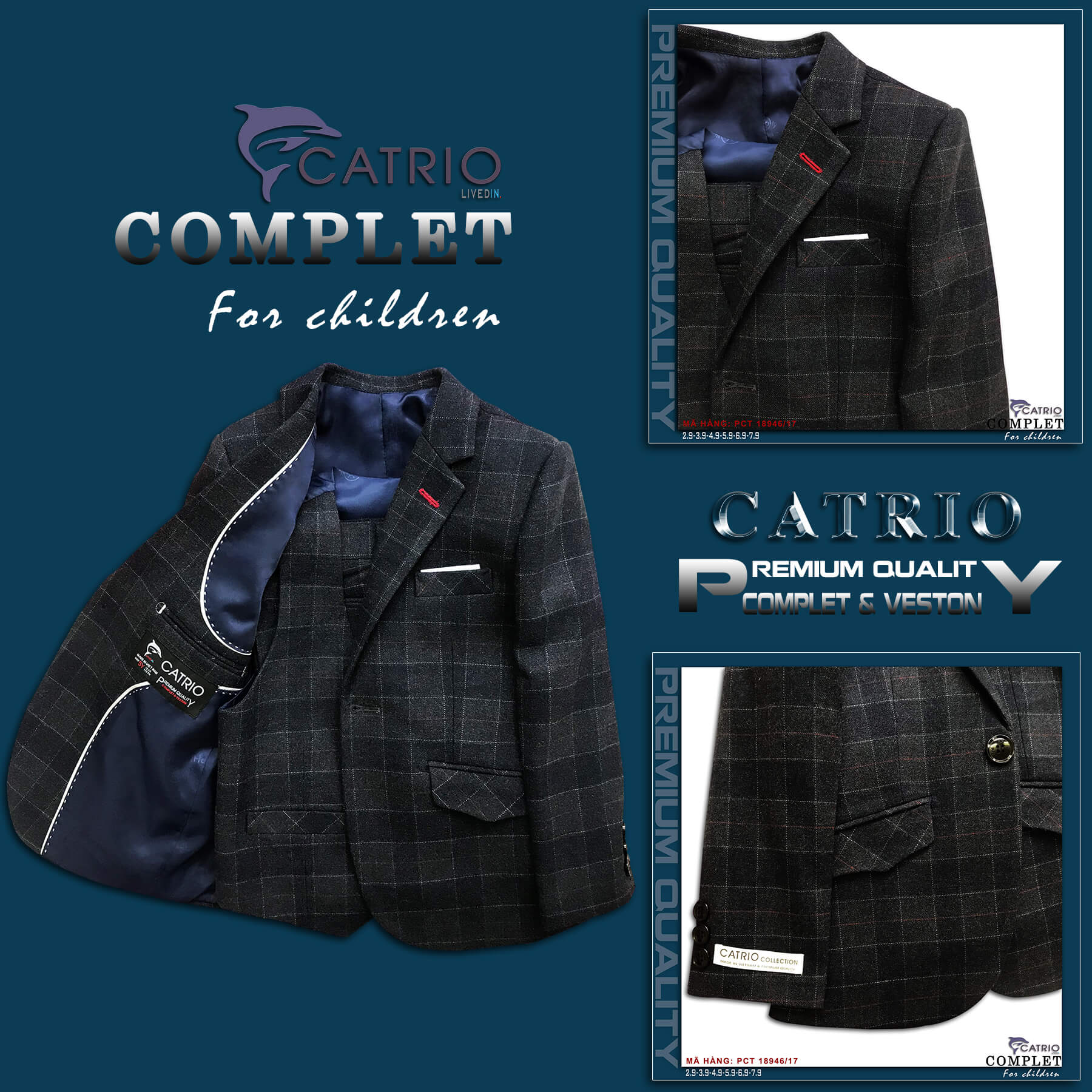 BỘ VEST BÉ TRAI CATRIO PCT18946/17 là bộ đồ suits trẻ em CATRIO từ 2 tuổi 12kg ..12 tuổi 50kg, gồm 3 chi tiết ÁO VEST + QUẦN DÀI BÉ TRAI +ÁO GHILE vải dạ cao cấp mềm mượt kẻ caro sang trọng tuyệt vời cho bé biểu diễn, dự tiệc cưới