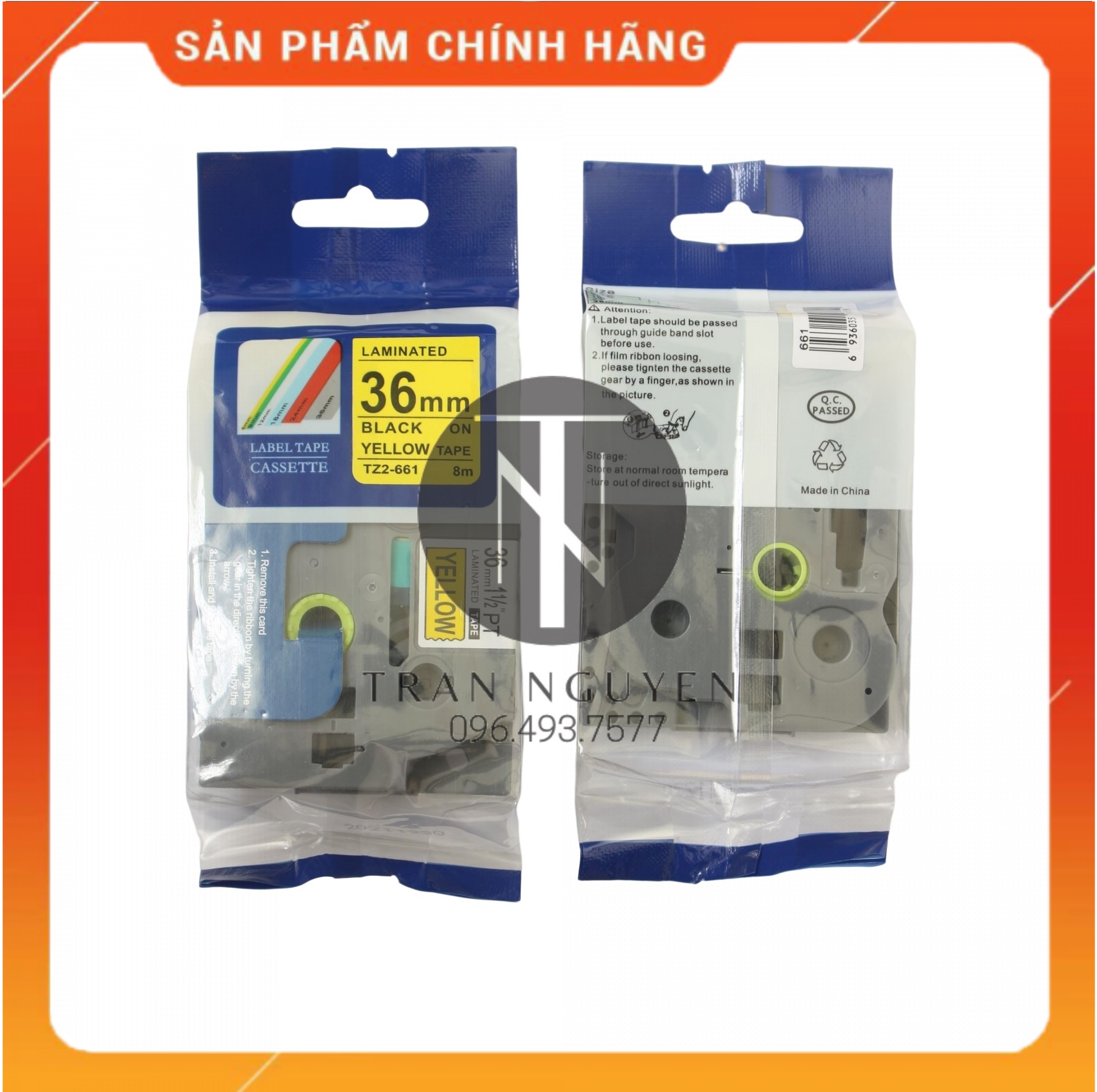 Nhãn In đa lớp Tz2-661 - Đen nền vàng 36mm x 8m - Hàng nhập khẩu