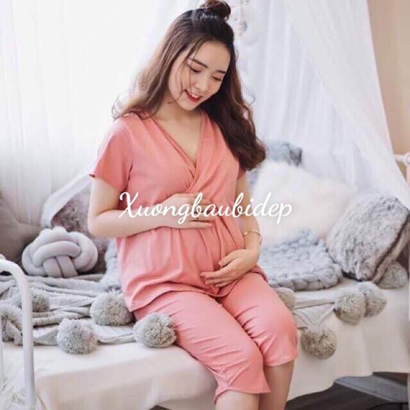 Bộ đồ bầu mặc nhà và sau sinh NGỐ thun cotton (có vạt chéo co bé ti)