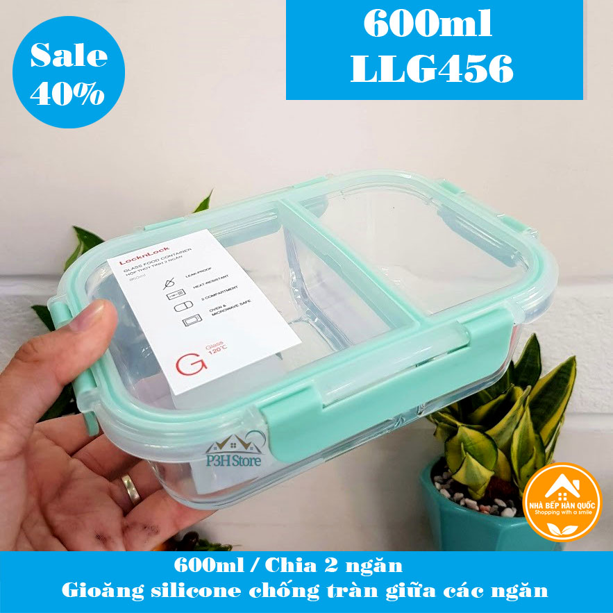 Hộp đựng thực phẩm bằng thủy tinh chia 2 ngăn 3 ngăn chịu nhiệt Lock&amp;lock LLG456 600ml LLG457 860ml LLG458 1040ml