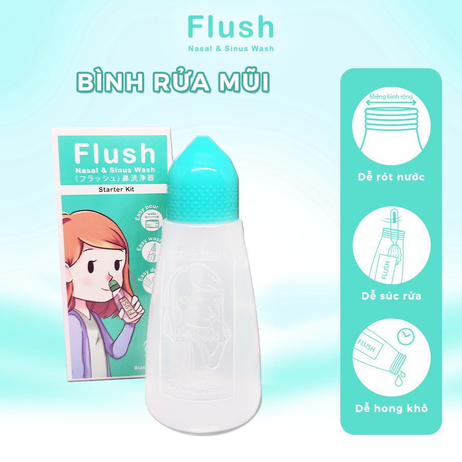 Bình Rửa Mũi Cho Trẻ Flush Chính Hãng Gồm 1 Bình Và 14 Gói Muối Tinh Khiết Dung Tích 250ml