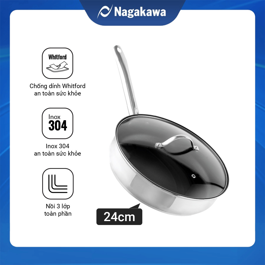 Chảo chống dính inox đa lớp Nagakawa Aki NAG2604 - Dùng trên mọi loại bếp