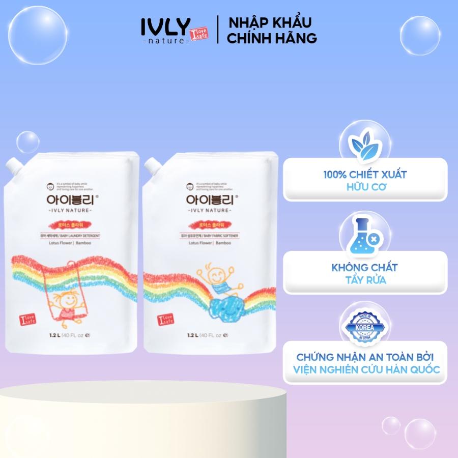 Combo nước giặt và nước xả vải hữu cơ IVLY NATURE hương hoa sen và tinh chất tre dạng túi dung tích 1200ml