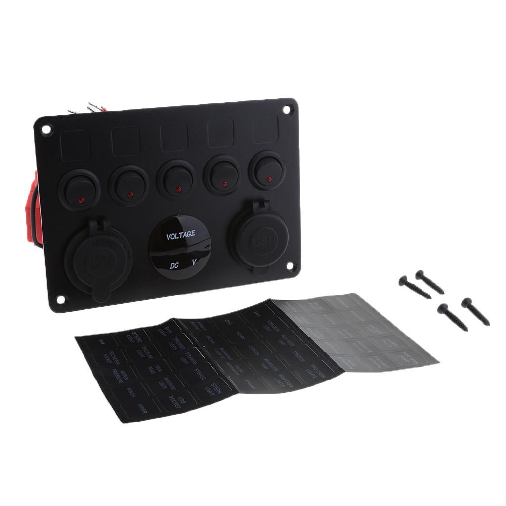 12-24V Dual USB Port Charger Voltmeter 5 Gang Toggle Switch Panel Red LED