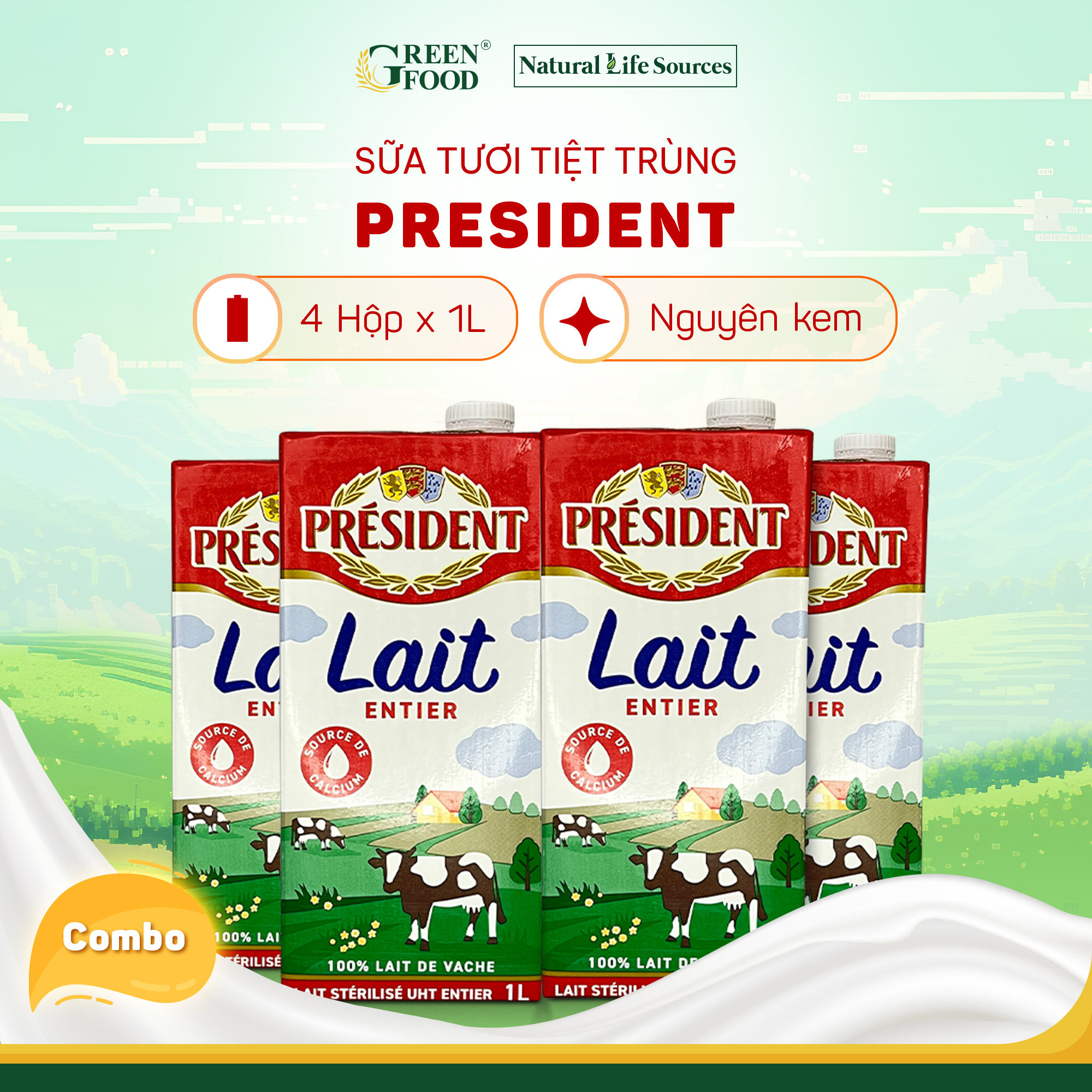 Combo 4 Hộp Sữa tươi tiệt trùng nguyên kem cao cấp President không đường | Hộp 1L - Nhập khẩu chính hãng từ Pháp