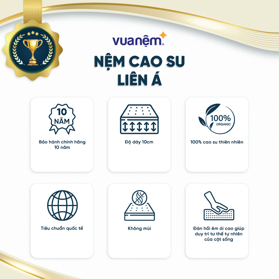 Nệm 100% cao su thiên nhiên Liên Á Classic nâng đỡ cột sống lưng vững chắc