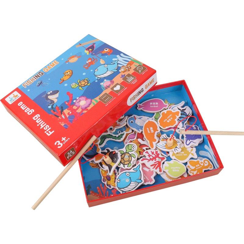 Bộ đồ chơi câu cá gỗ nam châm 34 sinh vật biển, trò chơi câu cá bằng gỗ tự nhiên với 2 cần câu cho bé giúp bé phát triển
