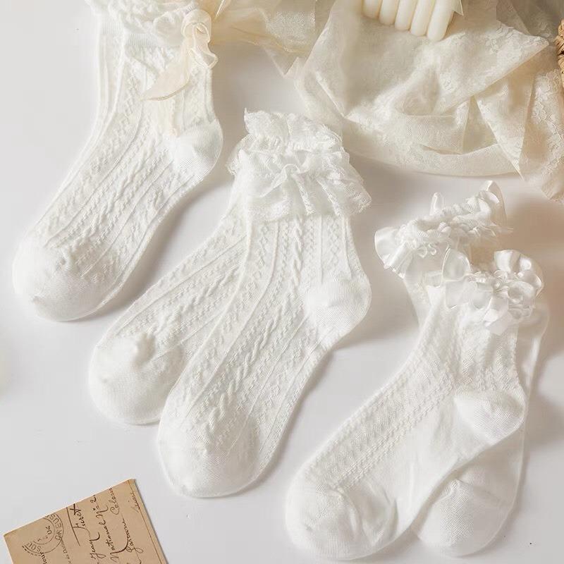 Tất, vớ cổ chân dệt kim GÂN THỔ CẨM VIỀN REN HOA ĐÍNH NƠ phong cách Lolita NhậtBản, cogiãn thoáng khí cho nữ Women