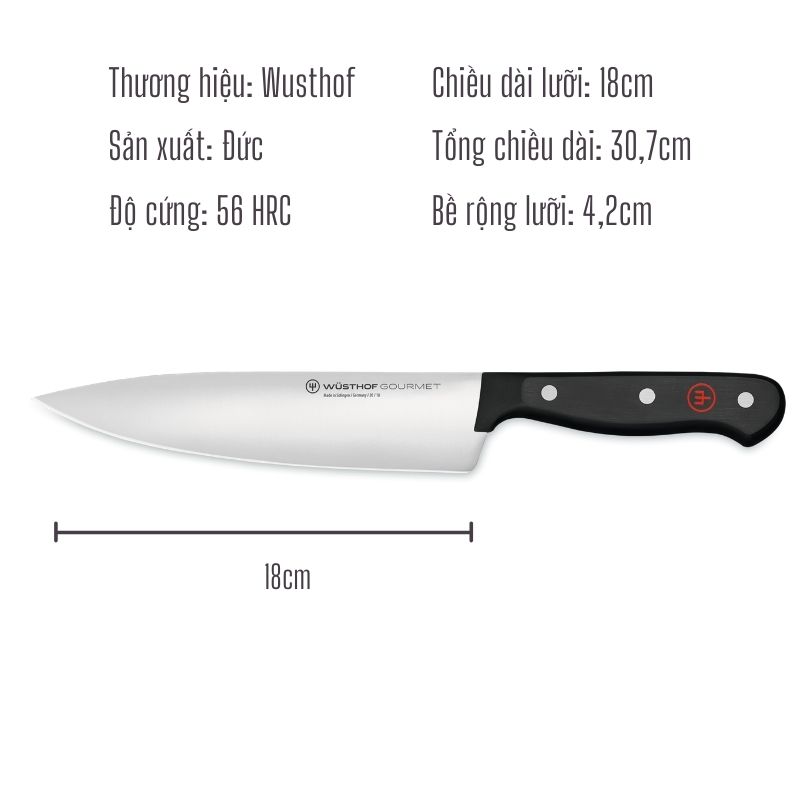 Dao Nhà Bếp Chuyên Thái Thép Không Gỉ Cao Cấp WUSTHOF Gourmet Lưỡi Dài 18cm Cán Nhựa POM Cao Cấp - Made In Solingen Đức