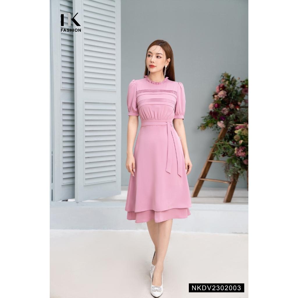 Đầm Xòe NK FASHION Thiết Kế Cổ Nhún Tay Bồng Nữ Tính Chất Vải Nhập Hàn Dày Dặn Cao Cấp NKDV2302003