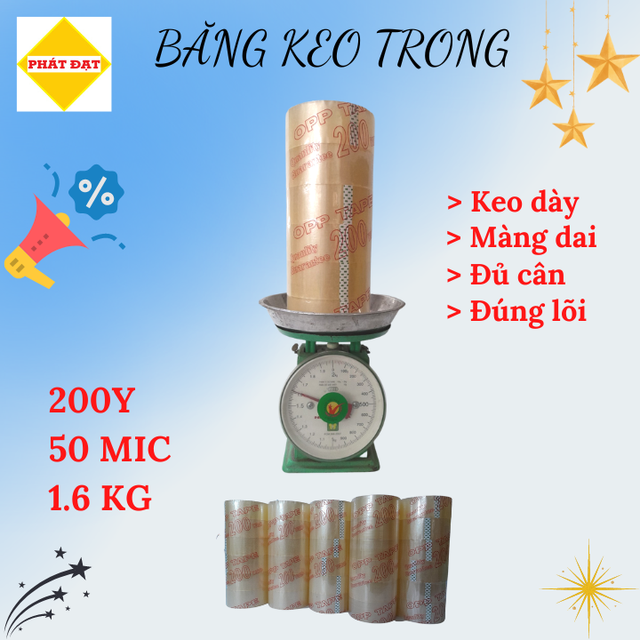 Băng keo trong 1,6Kg, 200Y, Lõi 5li, keo dày, màng dai, đủ cân, đúng lõi, giá xưởng, hàng có sẵn giao ngay