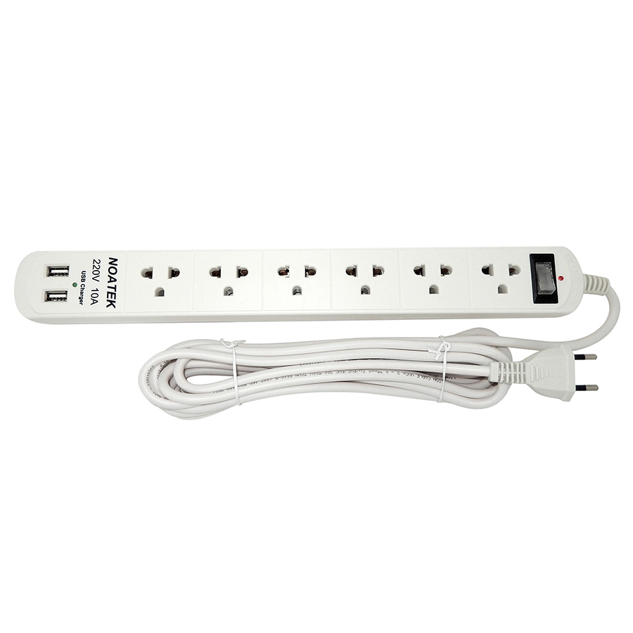 Ổ cắm điện Noatek 6 phích cắm có 2 cổng USB, dài 2 mét - trắng