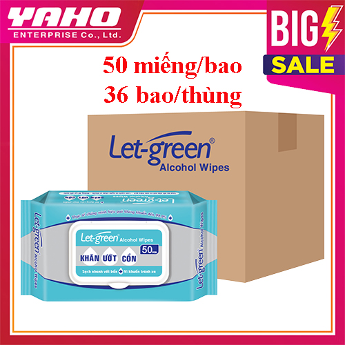 Thùng Khăn Ướt Cồn LET-GREEN 50 Miếng/Bao, 36 Bao/Thùng