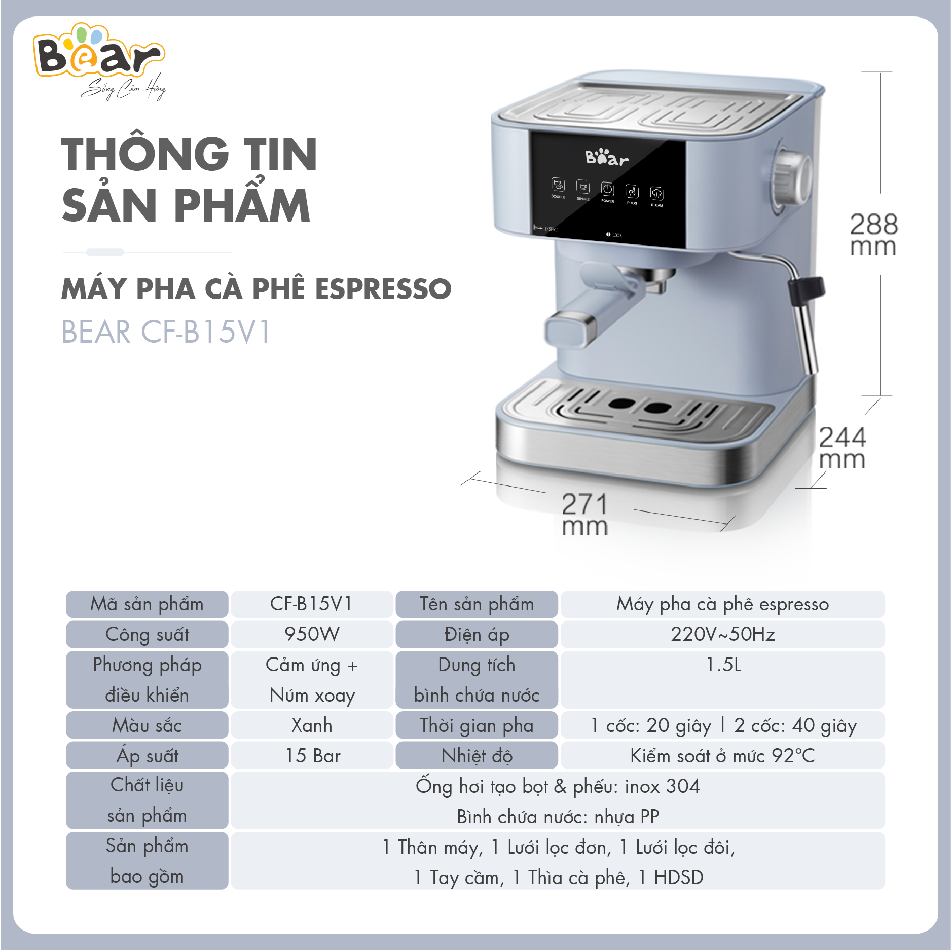 [Hàng Chính Hãng]Máy Pha Cà phê Tự Động Bear CF- B15V1. Pha Espresso, Americano, Cappuccino, Mocha, Latte – Xanh nhạt