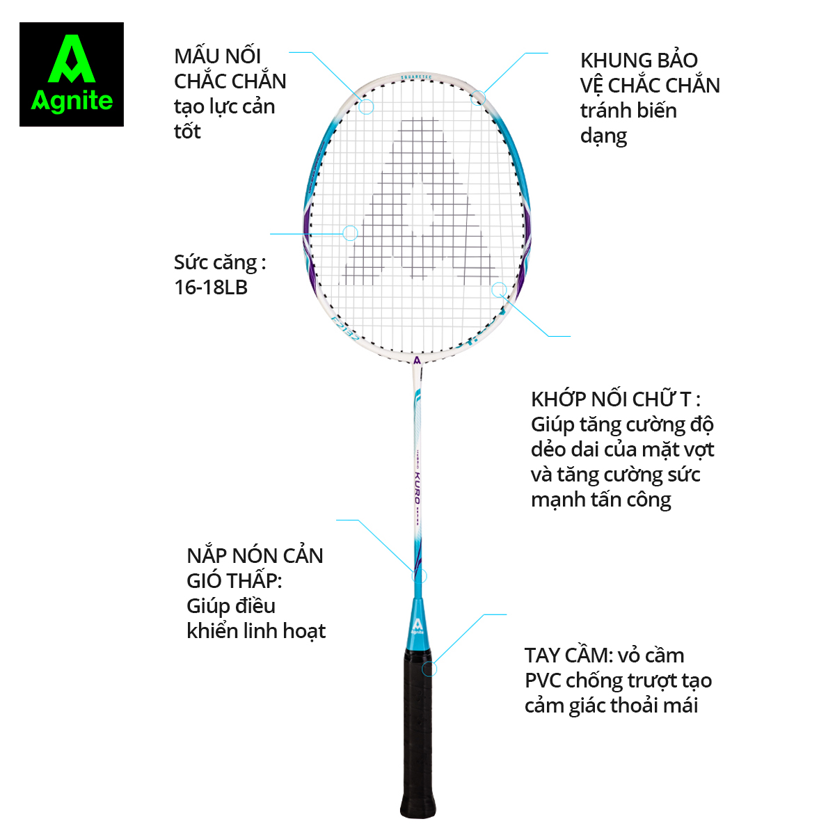 Cặp vợt cầu lông cán liền nhôm carbon siêu nhẹ chính hãng Agnite - Tặng hộp cầu nhựa và bao đựng - F2132