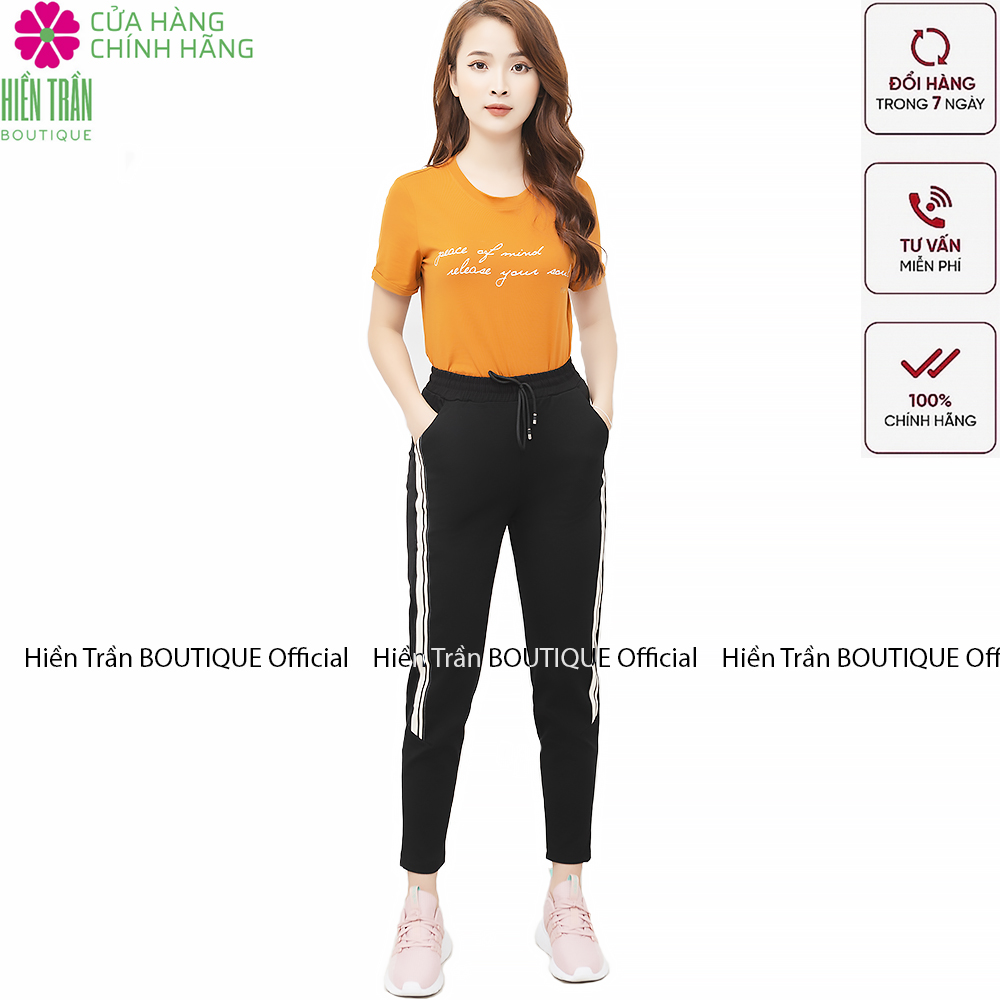 Quần jogger nữ Hiền Trần BOUTIQUE dáng dài cạp chun dây buộc, kiểu sọc to 2 bên