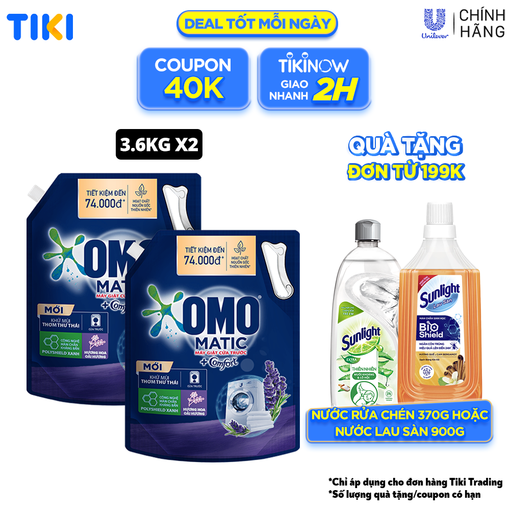 Combo 2 túi nước giặt OMO Matic chuyên dụng Cửa Trước Lavender Khử Mùi Thư Thái 3.6kg