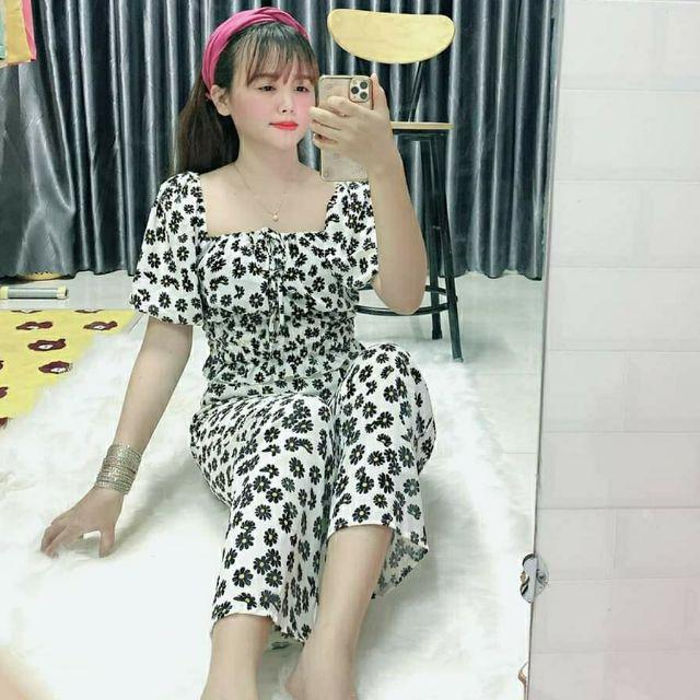 Set hoa cúc nhí tay phồng cổ vuông nhún eo ống rộng