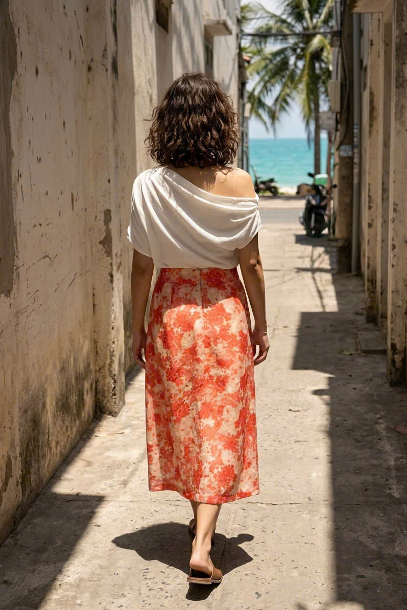 Váy Midi Ramie In Hoa Thanh Minh Ski055 Thời trang Hity