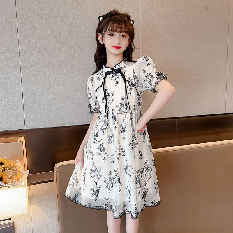 CHENGRUI Cô gái ăn mặc Midboy mùa hè 2023 mực vẽ sườn xám váy cô gái phong cách phương Tây cổ trang công chúa váy