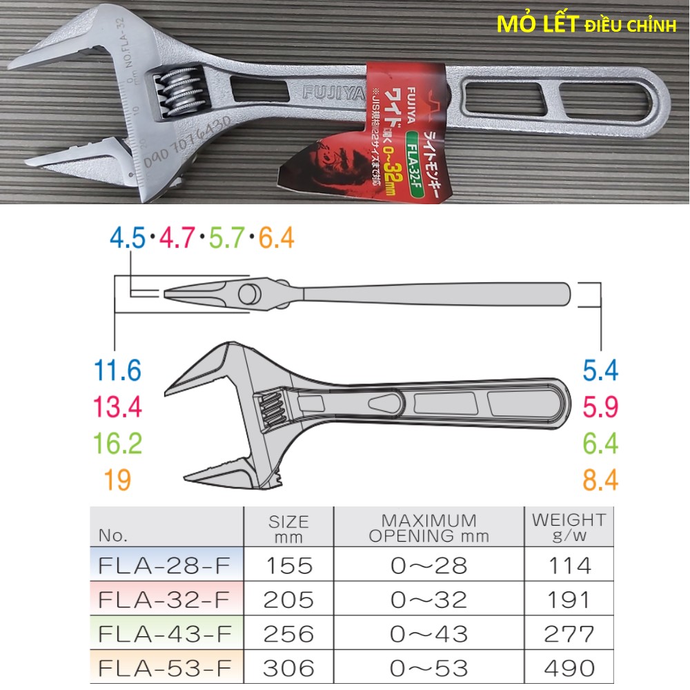 Mỏ lết điều chỉnh 10"/256mm Fujiya FLA-43 GENUINE SX tại Nhật Bản- Made in Japan