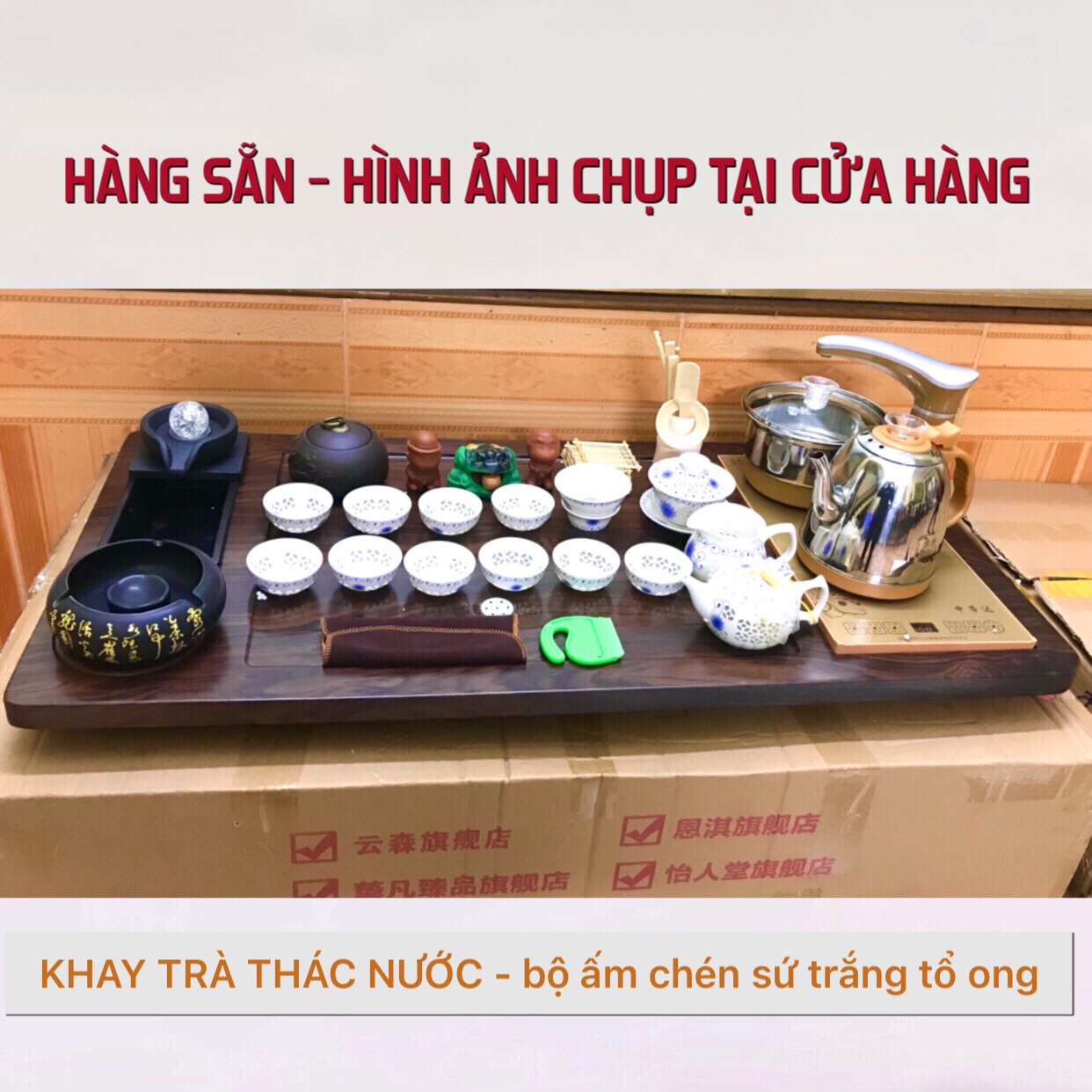 Bộ bàn Pha trà điện tự động khay gỗ dòng chảy cối xay đá cao cấp,Bếp đun nước inox cảm ứng đa năng thông minh kèm Ấm chén gốm sứ độc lạ tuỳ chọn một bộ đủ món như hình - CQ 1826 ( Tặng Kèm Xô Nhựa Đựng Nước )