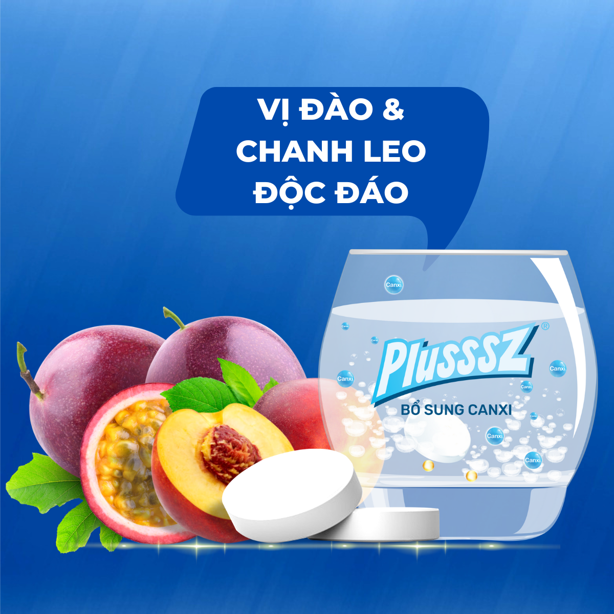 Viên sủi Plusssz Calcium vị Đào và chanh dây không Đường bổ sung canxi dạng hòa tan, dễ hấp thu hỗ trợ sức khỏe xương và răng, hỗ trợ ngăn ngừa loãng xương
