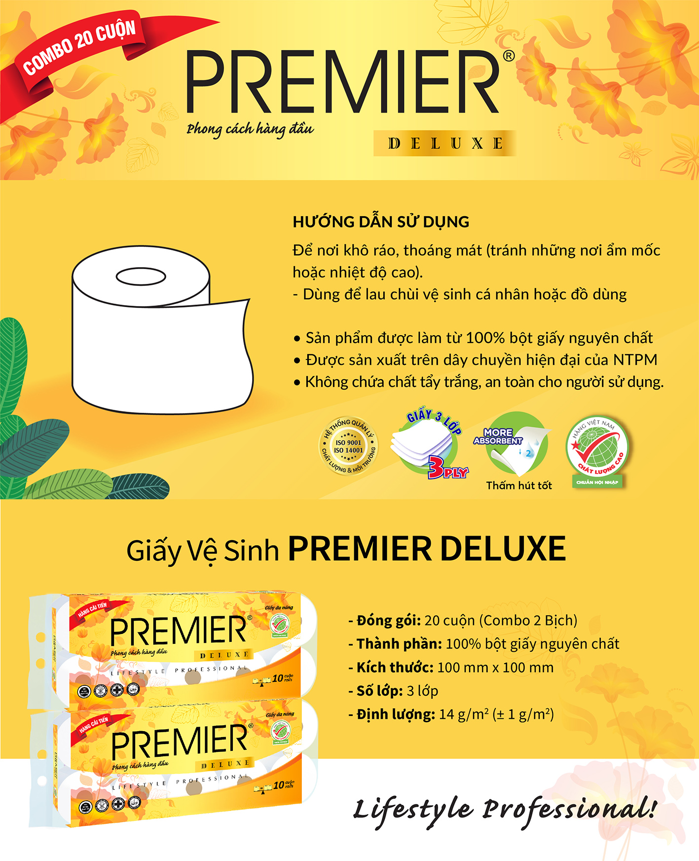 Giấy vệ sinh cao cấp Premier Deluxe có lõi, 3 lớp 100% bột giấy nguyên sinh, không chất tẩy lốc 10 cuộn