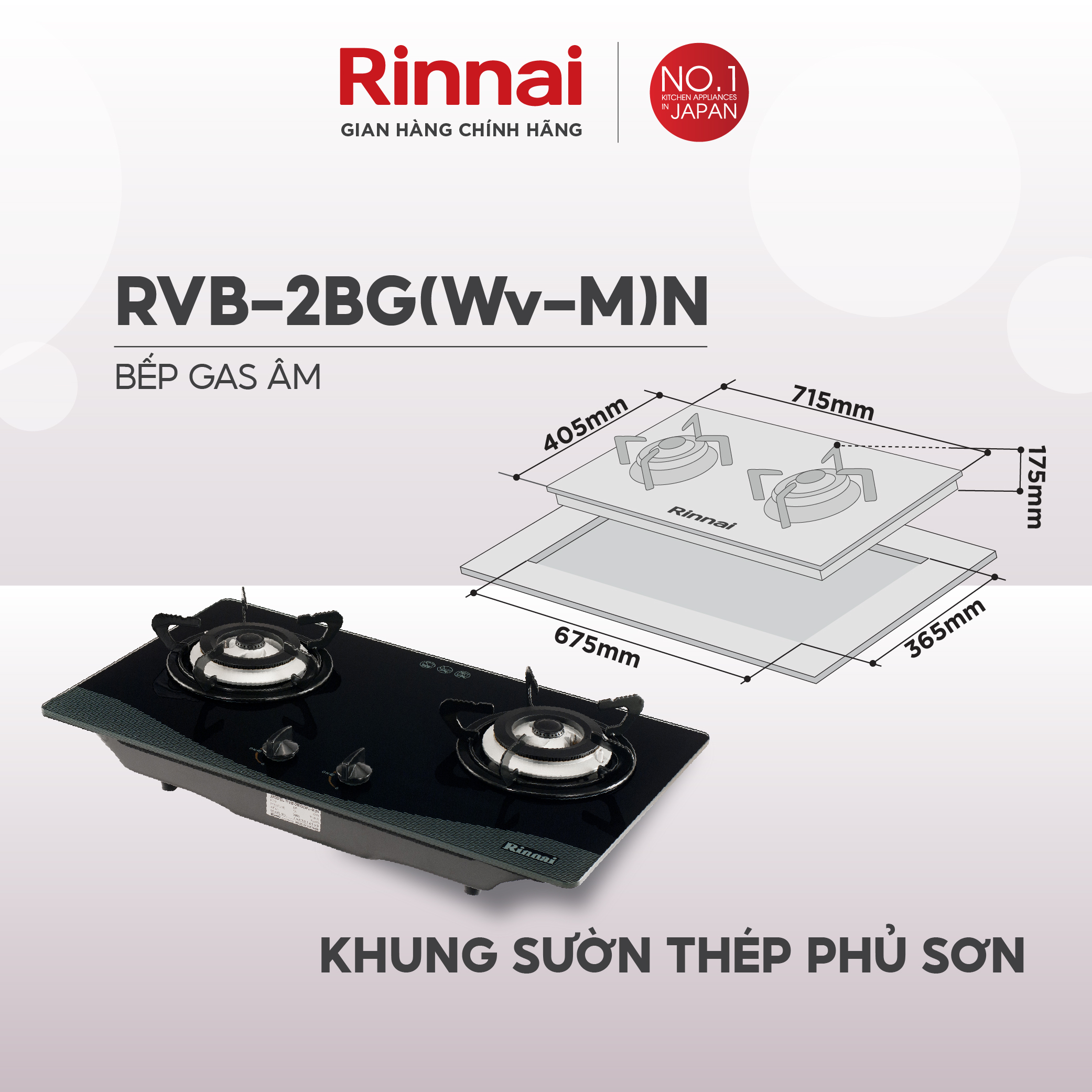 Bếp gas âm Rinnai RVB-2BG(Wv-M)N mặt bếp kính và kiềng bếp men - Hàng chính hãng.