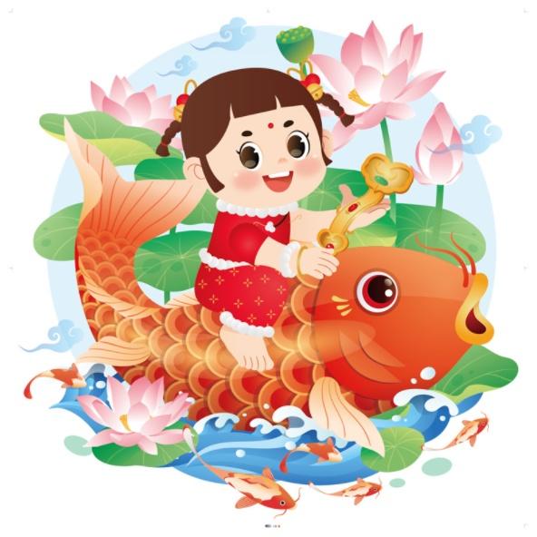 Decal hít tĩnh điện trang trí dán tết - BÉ TRAI BÉ GÁI CƯỠI CÁ CHÉP