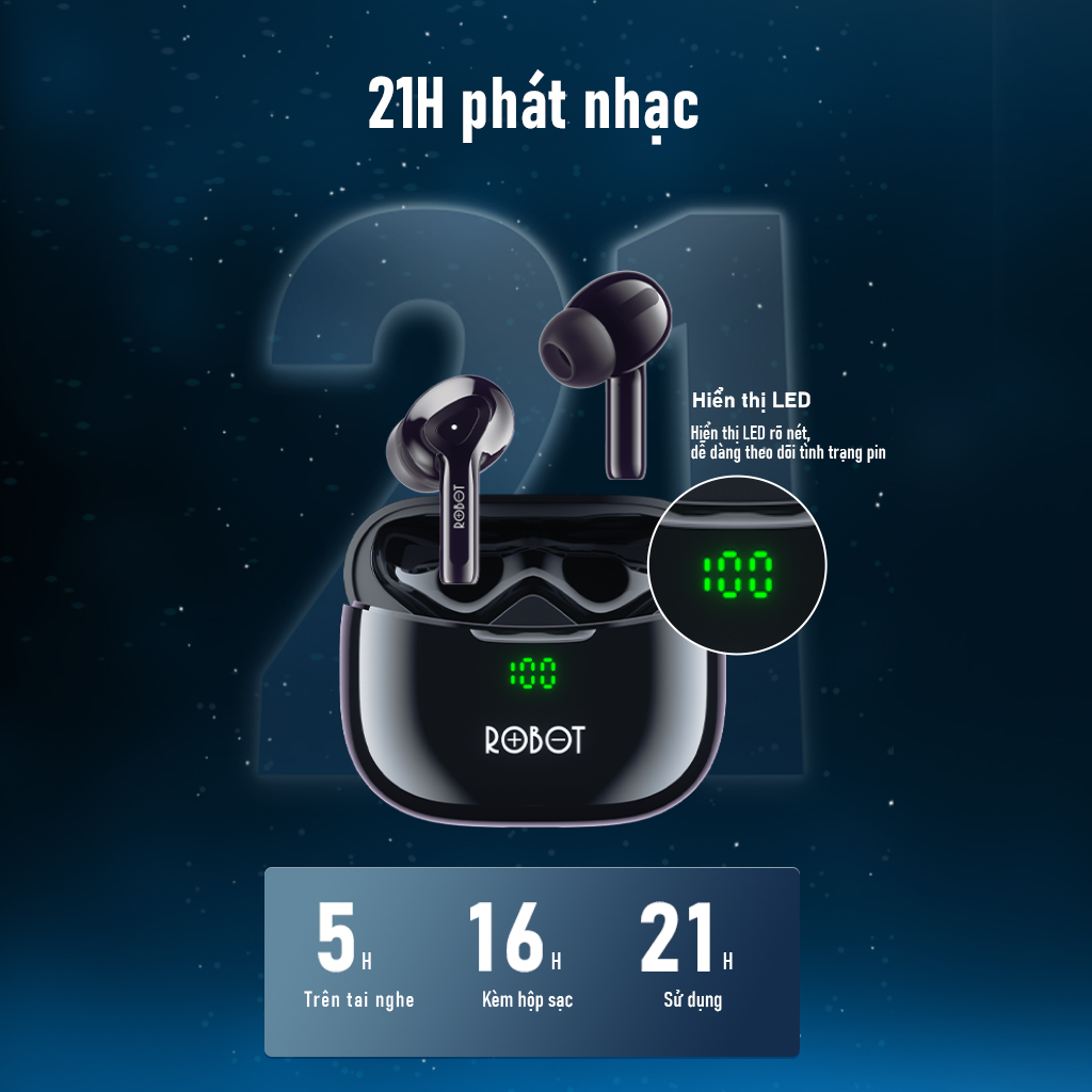 Tai Nghe Bluetooth ROBOT Airbuds T30 Plus Thiết Kế In-Ear Chống Nước Hàng Chính Hãng