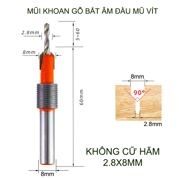 Mũi khoan gỗ bắt âm đầu mũ vít, loại có cữ hãm, đầu âm 8mm, nhiều kích cỡ cho khách lựa chọn
