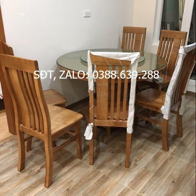 Bàn ghế ăn tròn kính xoay gỗ sồi nga màu cánh gián